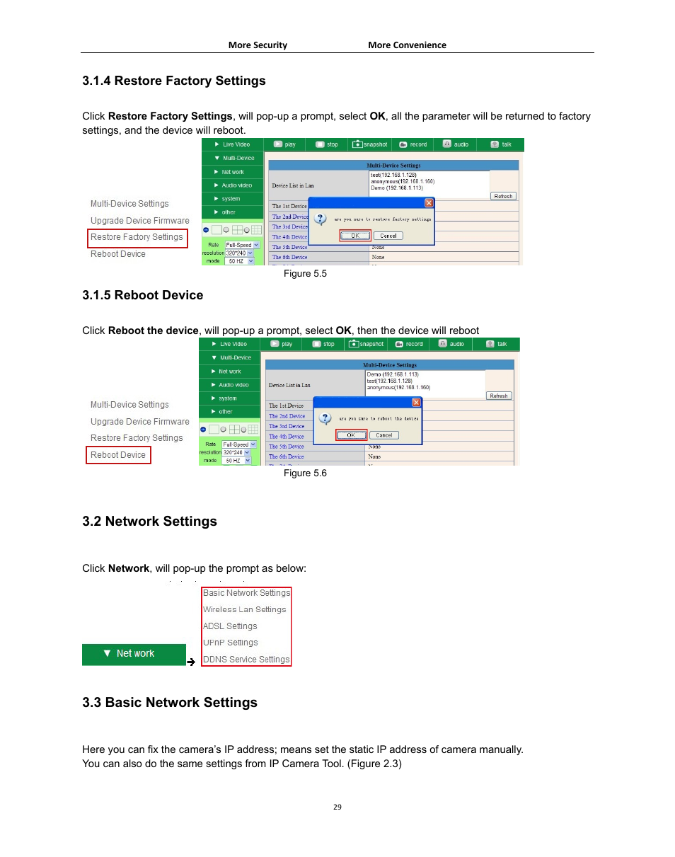 2 network settings, 3 basic network settings, Etwork | Ettings, Asic, 4 restore factory settings, 5 reboot device | Agasio A502W User Manual | Page 29 / 56
