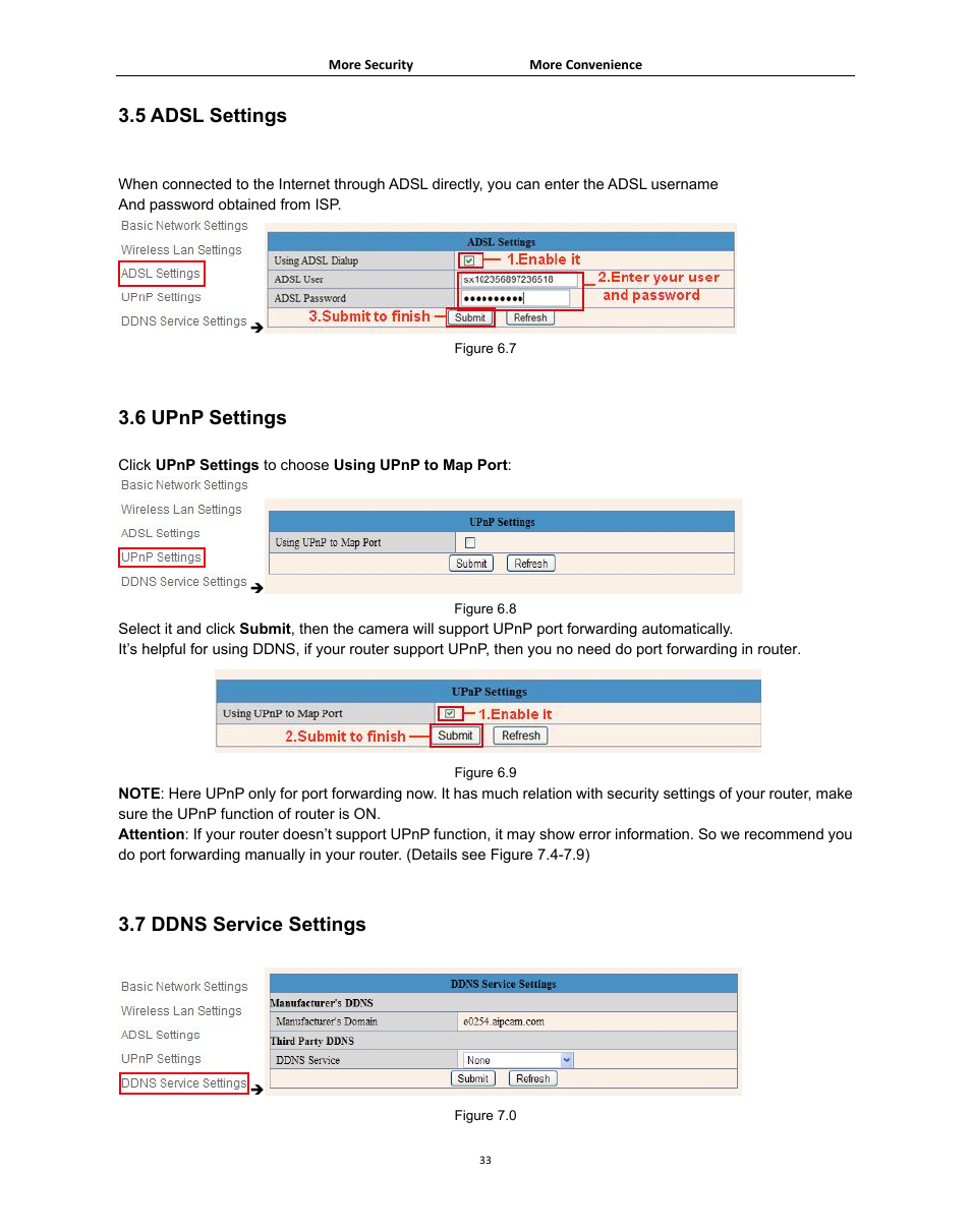 5 adsl settings, 6 upnp settings, 7 ddns service settings | Adsl, Ettings, Ddns, Ervice | Agasio A502W User Manual | Page 33 / 56