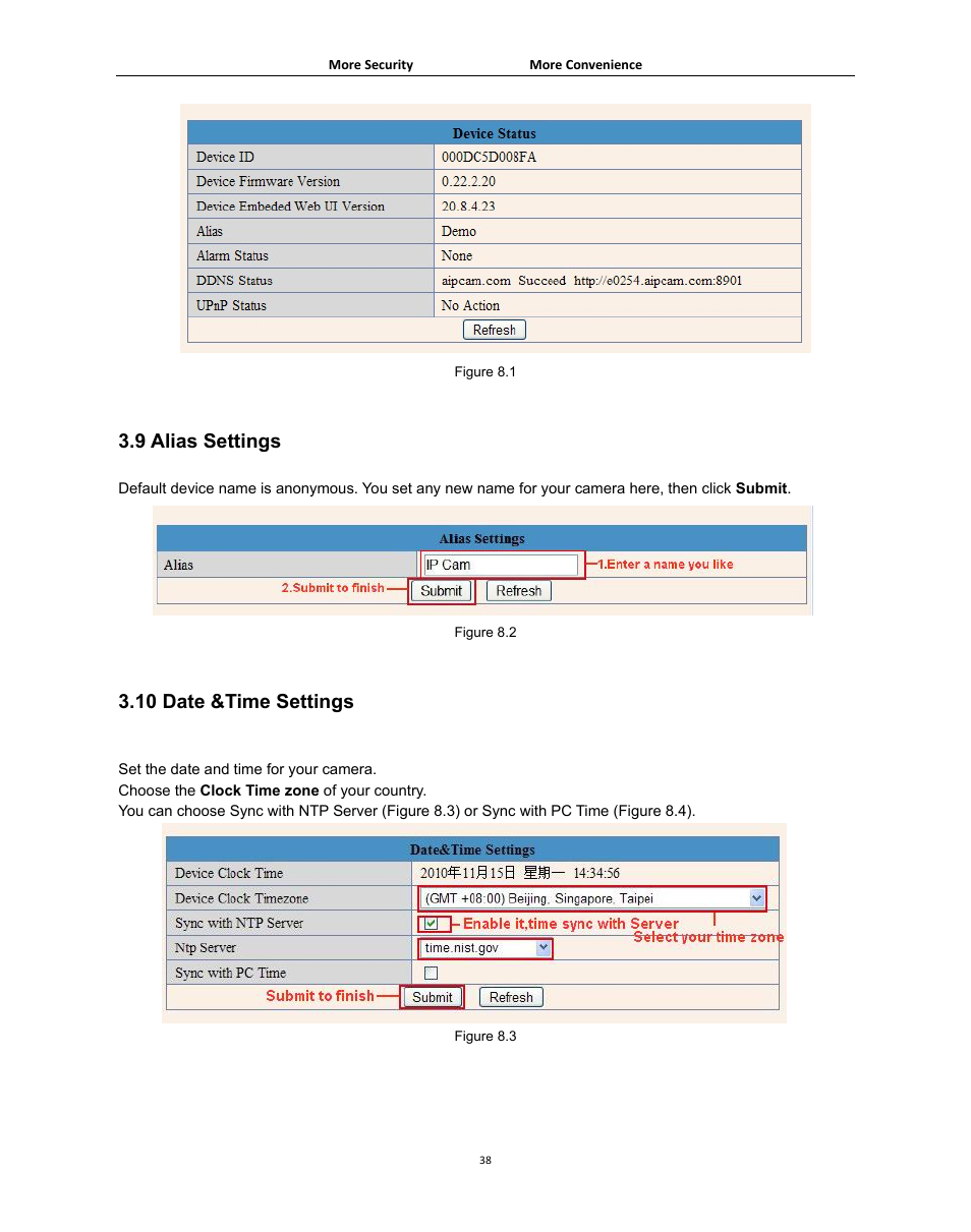 9 alias settings, 10 date &time settings, Lias | Ettings | Agasio A502W User Manual | Page 38 / 56