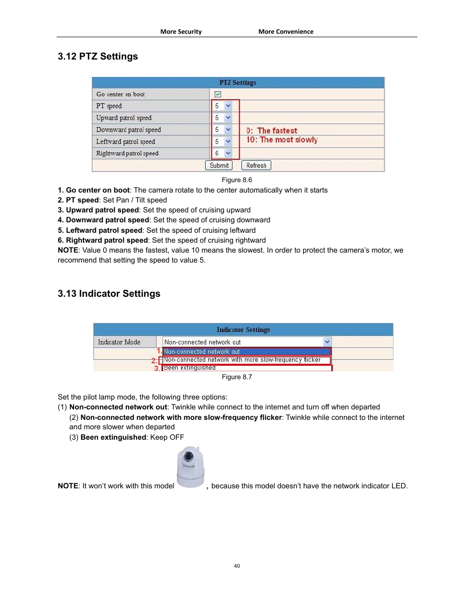 12 ptz settings, 13 indicator settings, Ettings | Ndicator | Agasio A502W User Manual | Page 40 / 56