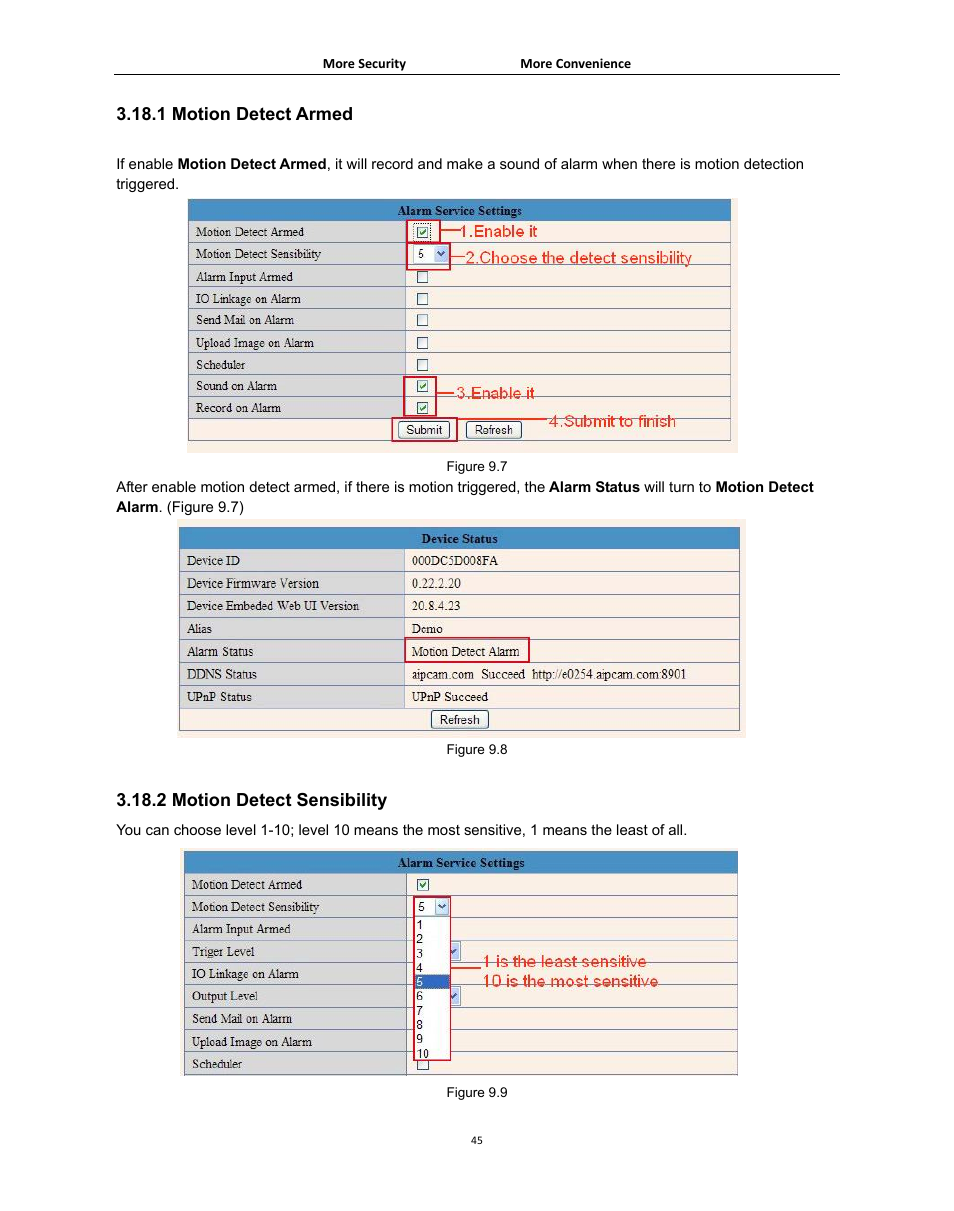 1 motion detect armed, 2 motion detect sensibility | Agasio A502W User Manual | Page 45 / 56