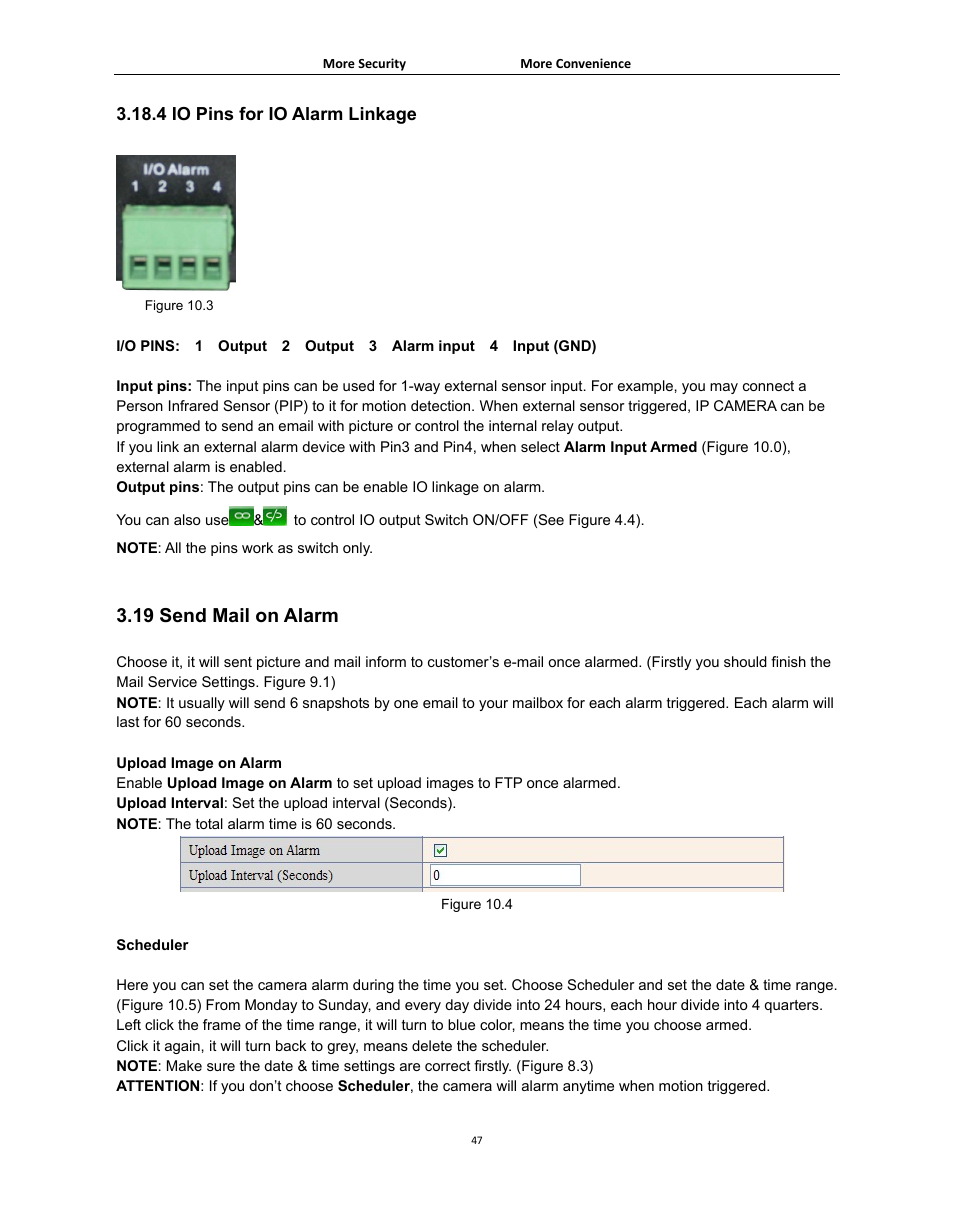 19 send mail on alarm, Ail on, Larm | 4 io pins for io alarm linkage | Agasio A502W User Manual | Page 47 / 56