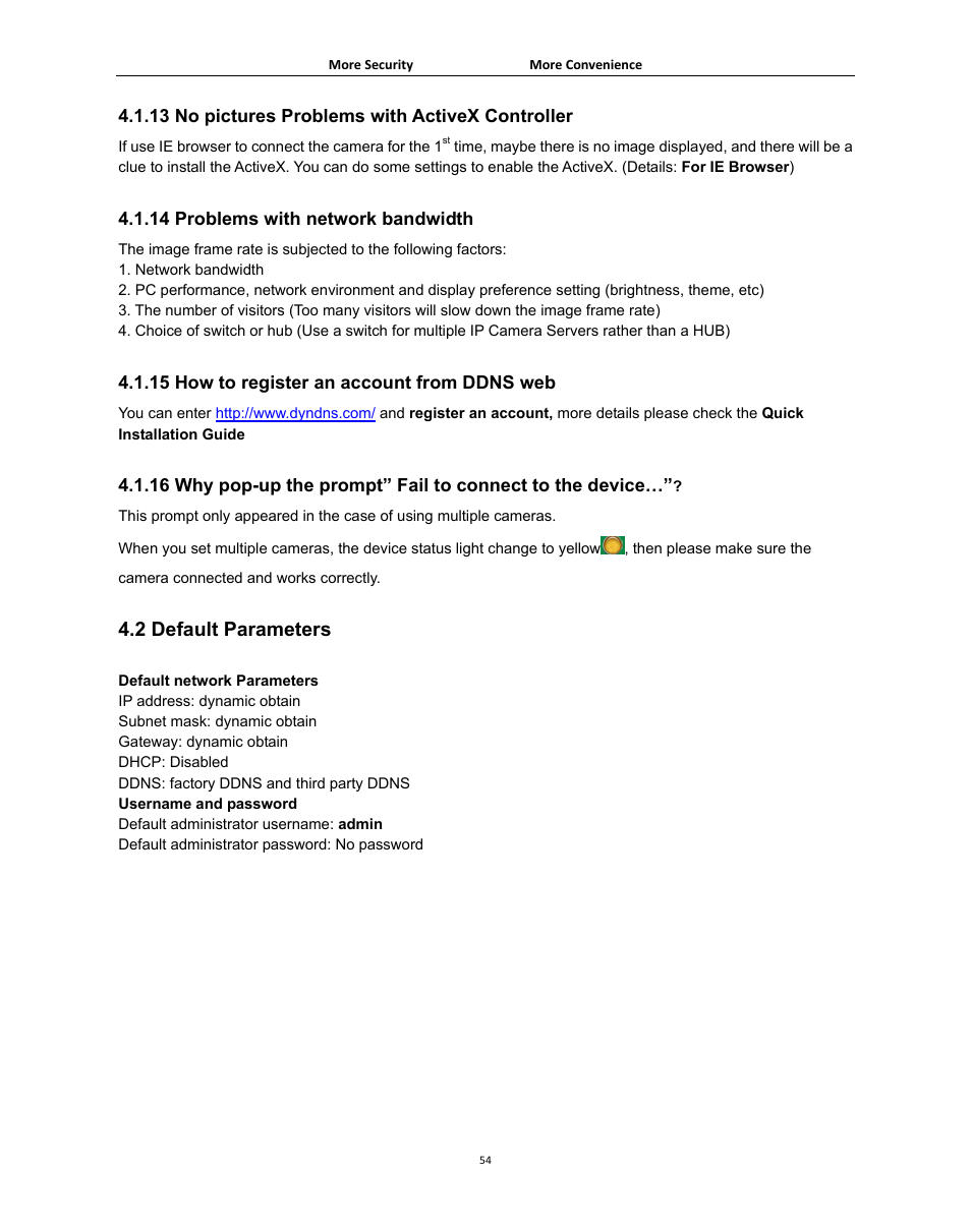 2 default parameters, Efault, Arameters | 13 no pictures problems with activex controller, 14 problems with network bandwidth, 15 how to register an account from ddns web | Agasio A502W User Manual | Page 54 / 56