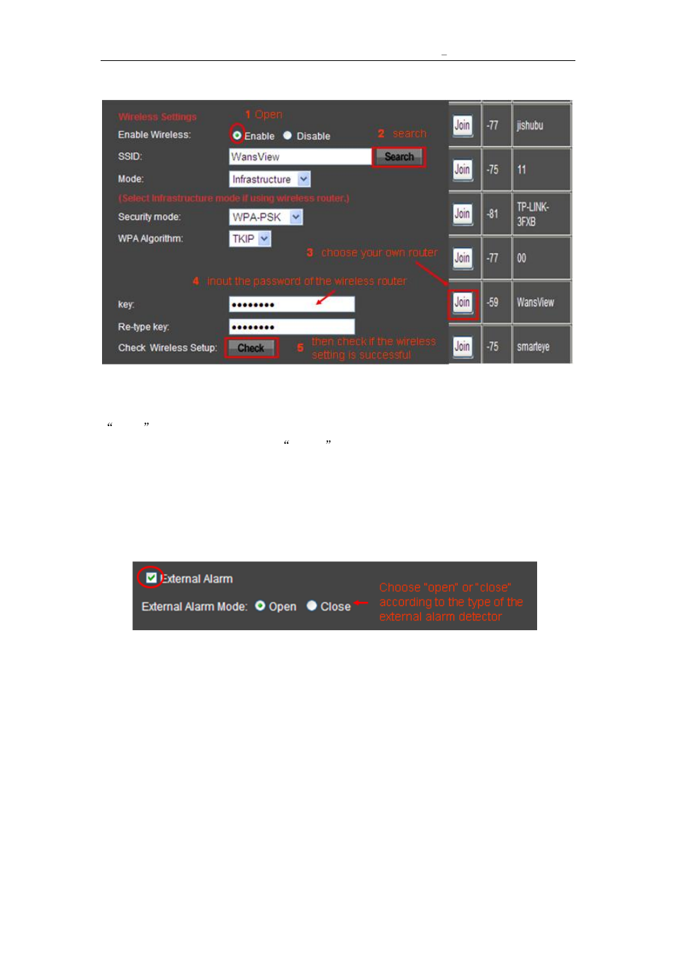 Wifi setting, Larm, Etting | External alarm input, 3 alarm setting page | Agasio A522W User Manual | Page 16 / 25