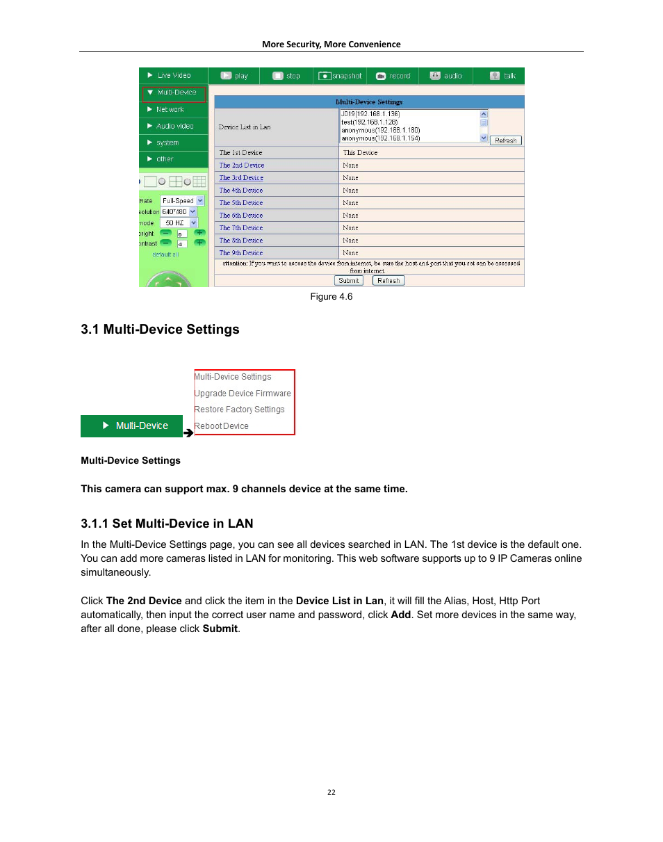1 multi-device settings, Ulti, Evice | Ettings, 1 set multi-device in lan | Agasio A621W User Manual | Page 22 / 54