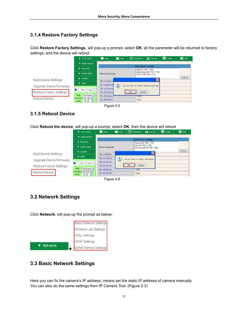 2 network settings, 3 basic network settings, Etwork | Ettings, Asic, 4 restore factory settings, 5 reboot device | Agasio A621W User Manual | Page 27 / 54