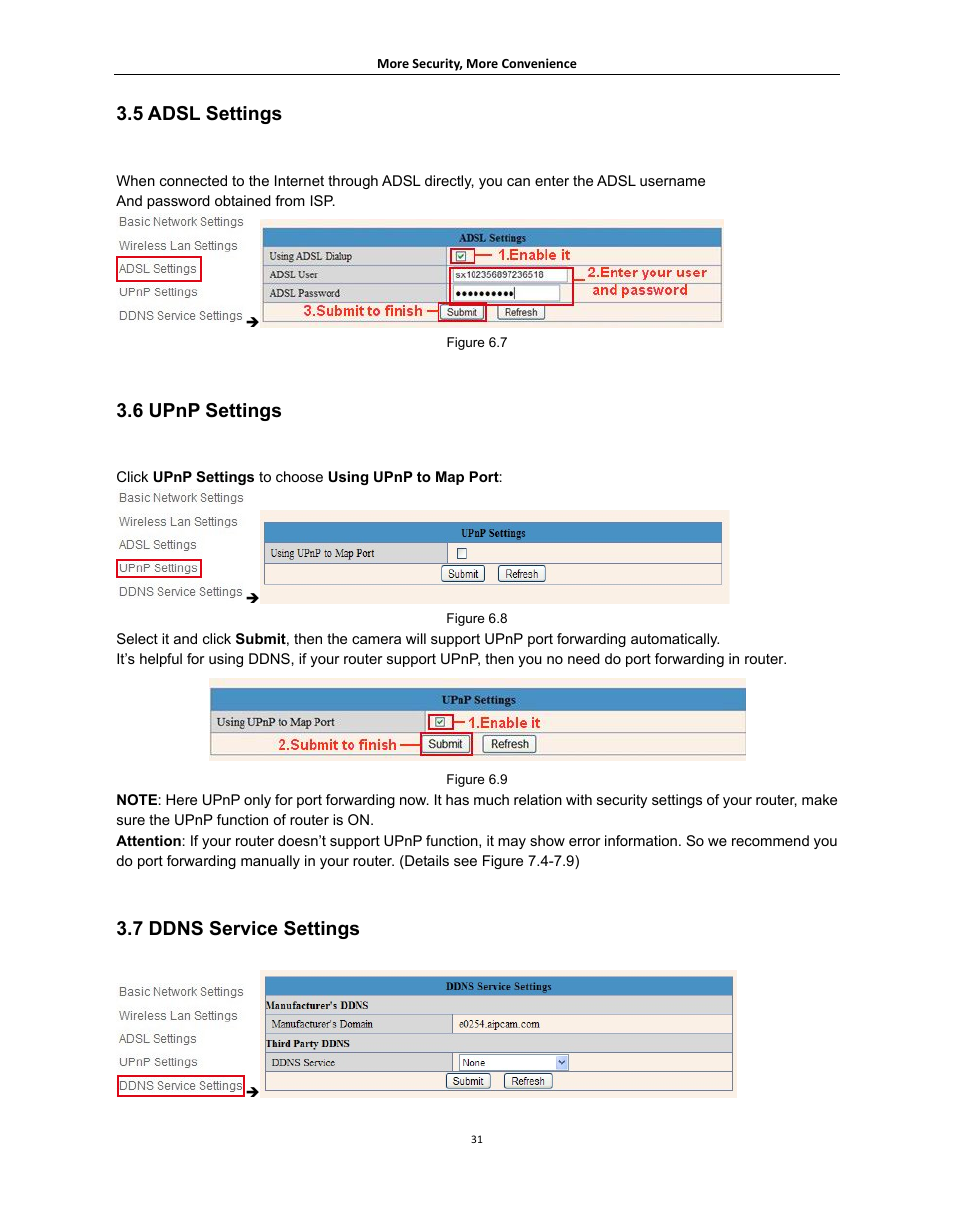 5 adsl settings, 6 upnp settings, 7 ddns service settings | Adsl, Ettings, Ddns, Ervice | Agasio A621W User Manual | Page 31 / 54