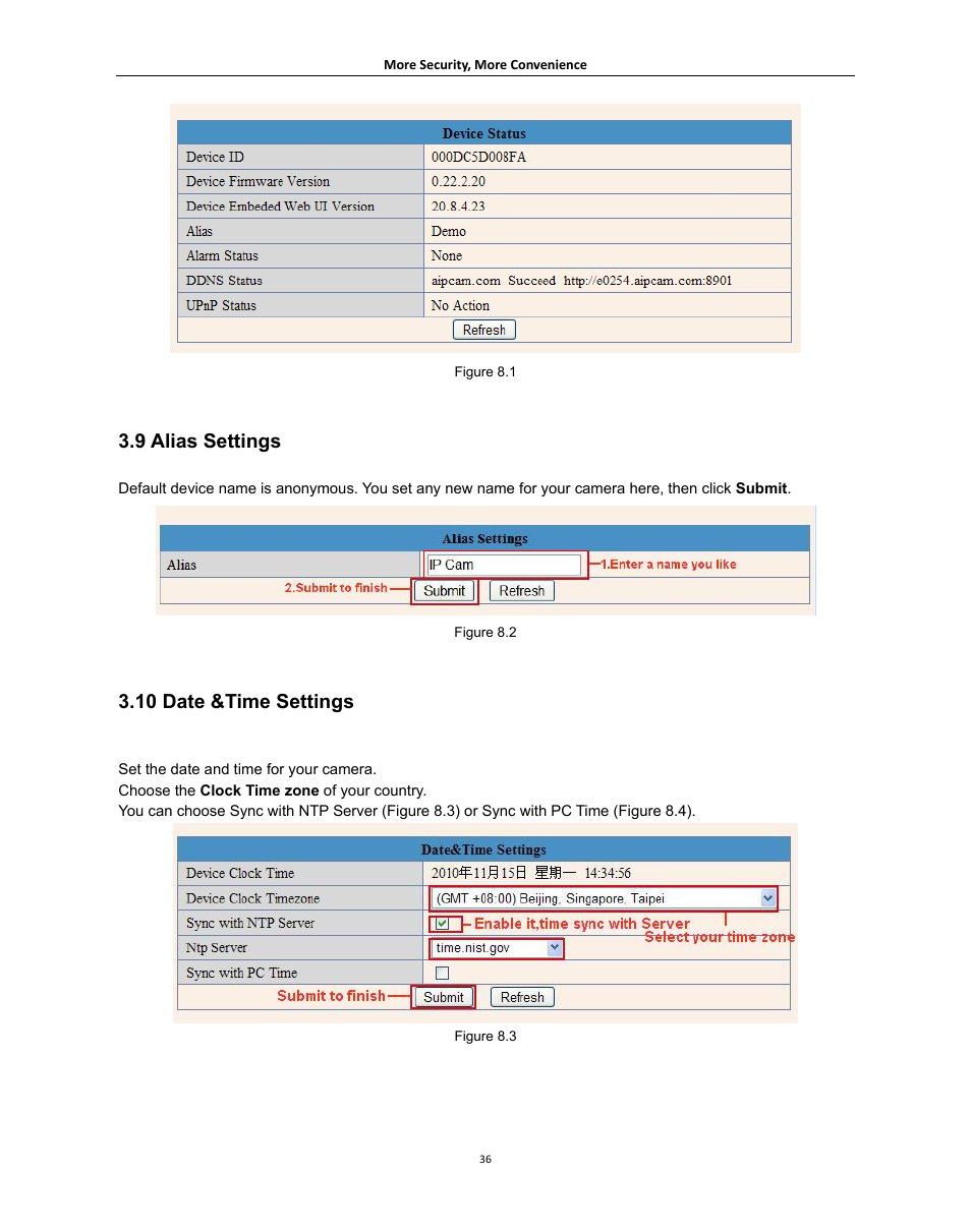 9 alias settings, 10 date &time settings, Lias | Ettings | Agasio A621W User Manual | Page 36 / 54