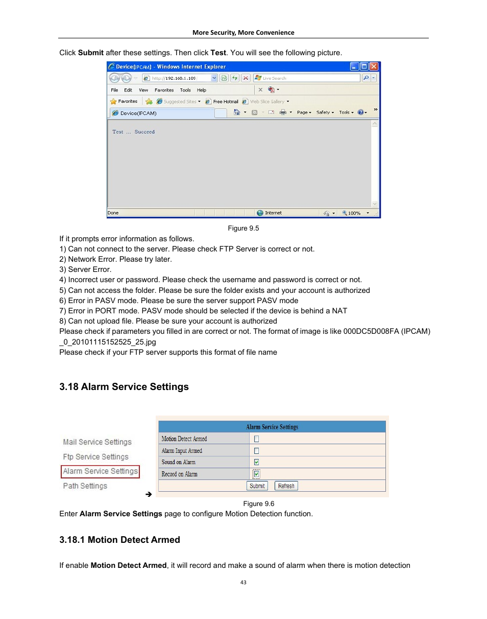 18 alarm service settings, Larm, Ervice | Ettings, 1 motion detect armed | Agasio A621W User Manual | Page 43 / 54