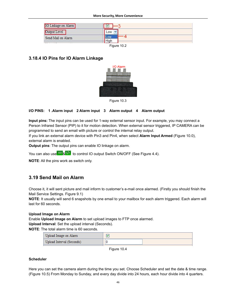 19 send mail on alarm, Ail on, Larm | 4 io pins for io alarm linkage | Agasio A621W User Manual | Page 46 / 54
