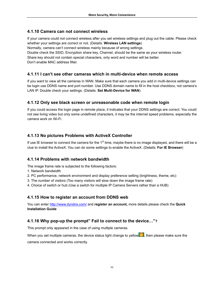 10 camera can not connect wireless, 13 no pictures problems with activex controller, 14 problems with network bandwidth | 15 how to register an account from ddns web | Agasio A621W User Manual | Page 52 / 54