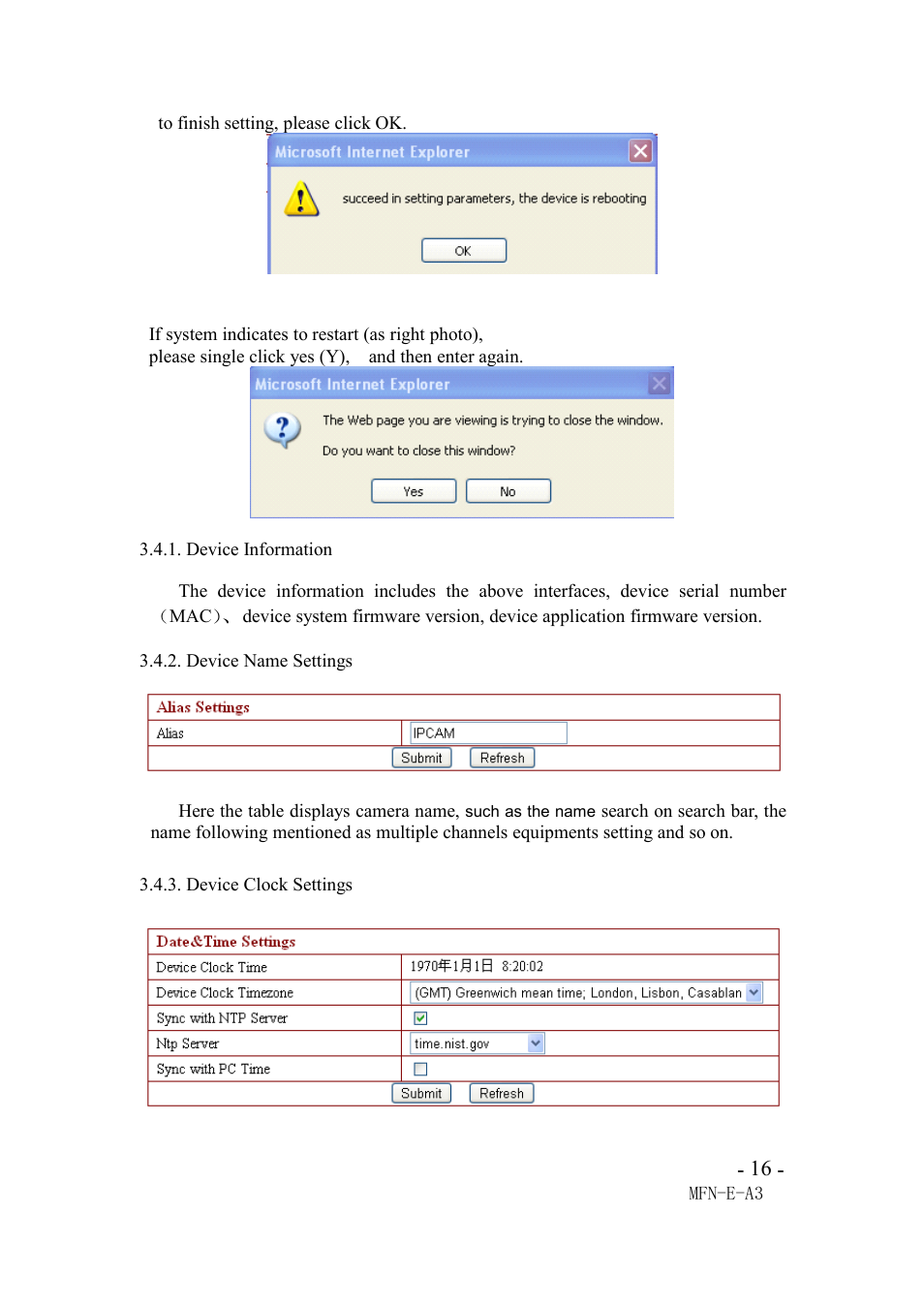 Deviceinformation, Devicenamesettings, Deviceclocksettings | Device information, Device name settings, Device clock settings | Agasio M105I User Manual | Page 16 / 30