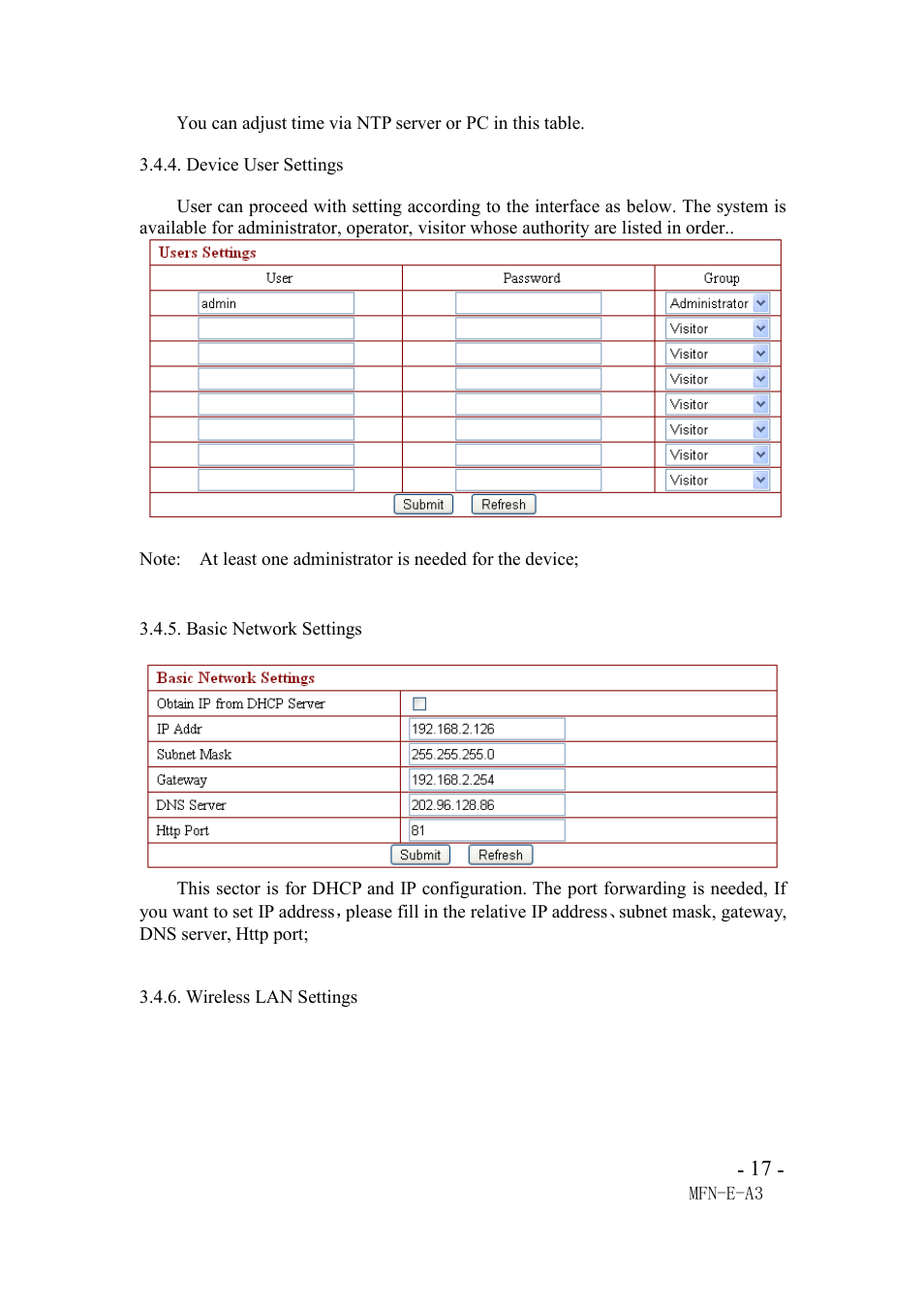 Deviceusersettings, Basicnetworksettings, Wirelesslansettings | Device user settings, Basic network settings, Wireless lan settings | Agasio M105I User Manual | Page 17 / 30