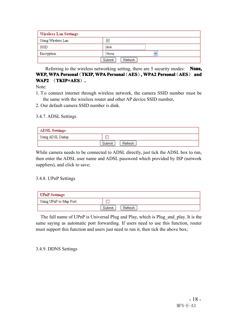 Adslsettings, Upnpsettings, Ddnssettings | Adsl settings, Upnp settings, Ddns settings | Agasio M105I User Manual | Page 18 / 30