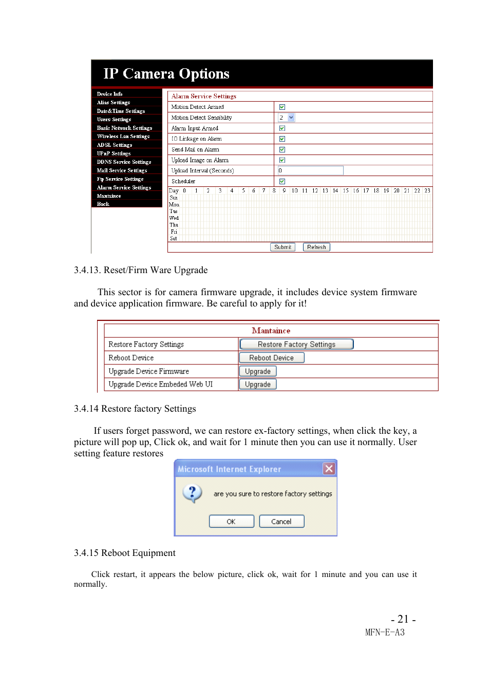 Reset/firmwareupgrade, 14restorefactorysettings, 15rebootequipment | Reset/firm ware upgrade, 14 restore factory settings, 15 reboot equipment | Agasio M105I User Manual | Page 21 / 30