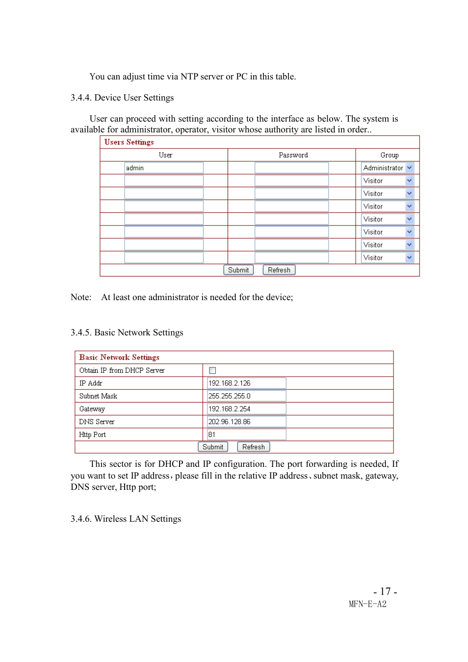 Device user settings, Basic network settings, Wireless lan settings | Agasio M66I User Manual | Page 17 / 30