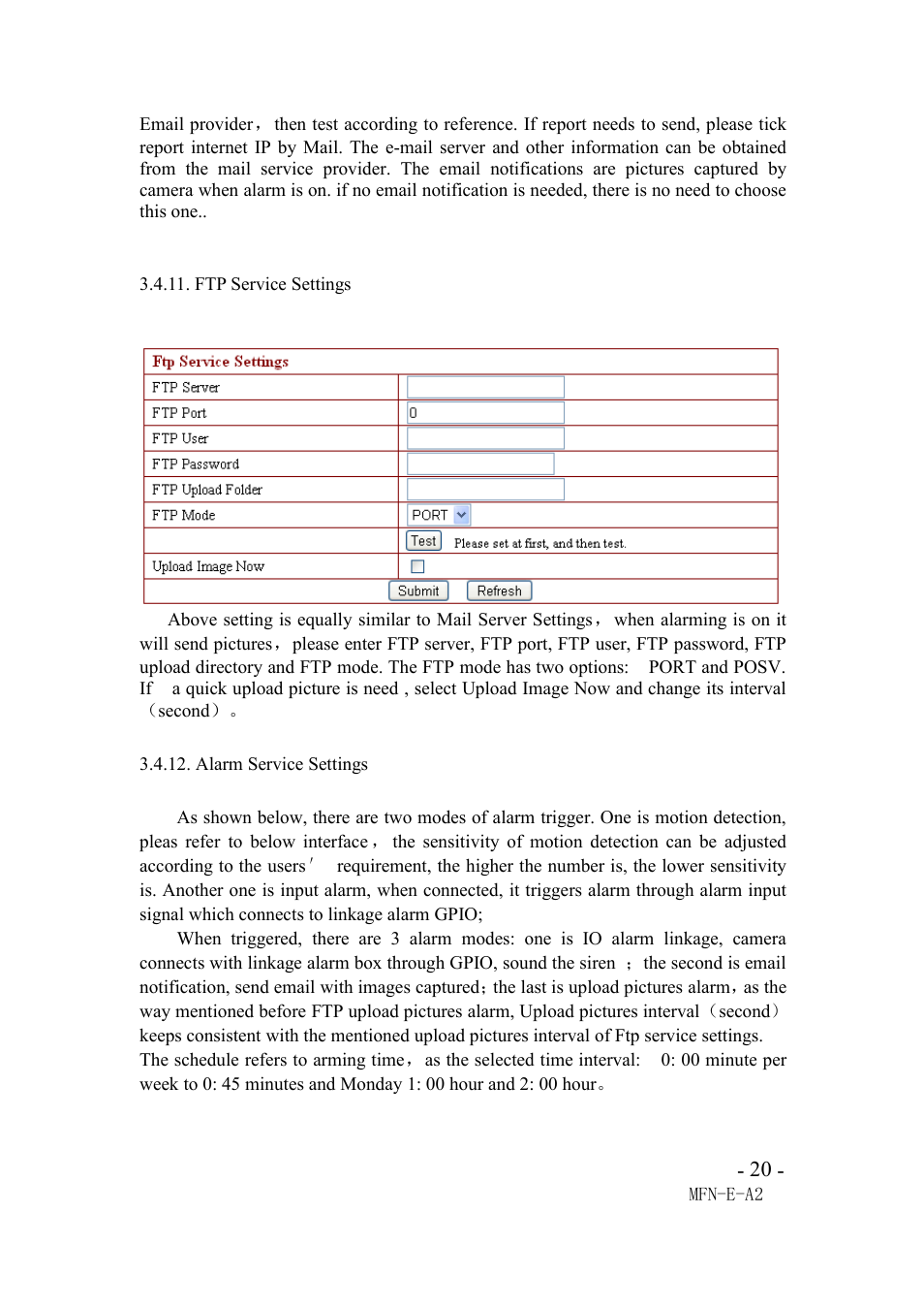 Ftp service settings, Alarm service settings | Agasio M66I User Manual | Page 20 / 30