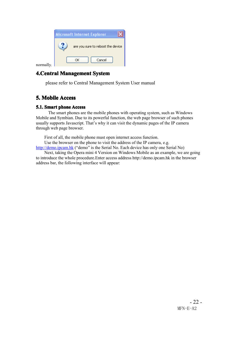 Central management system, Mobile access, Smart phone access | Agasio M66I User Manual | Page 22 / 30