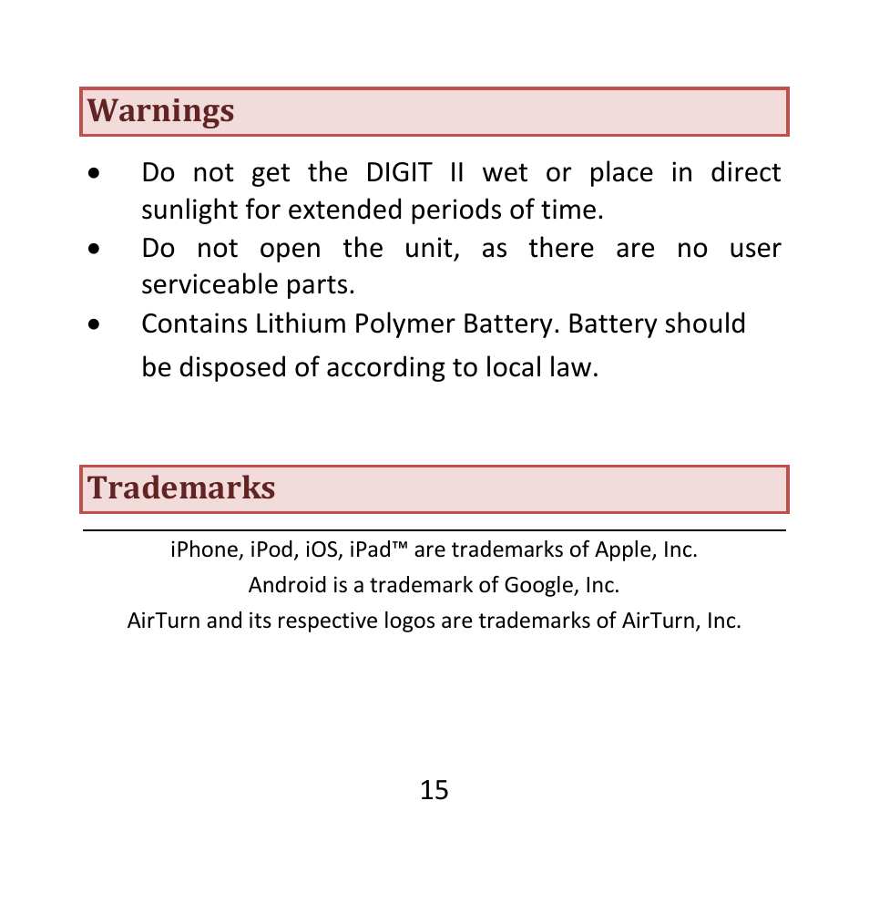 Warnings, Trademarks | AirTurn DIGIT II User Manual | Page 15 / 16