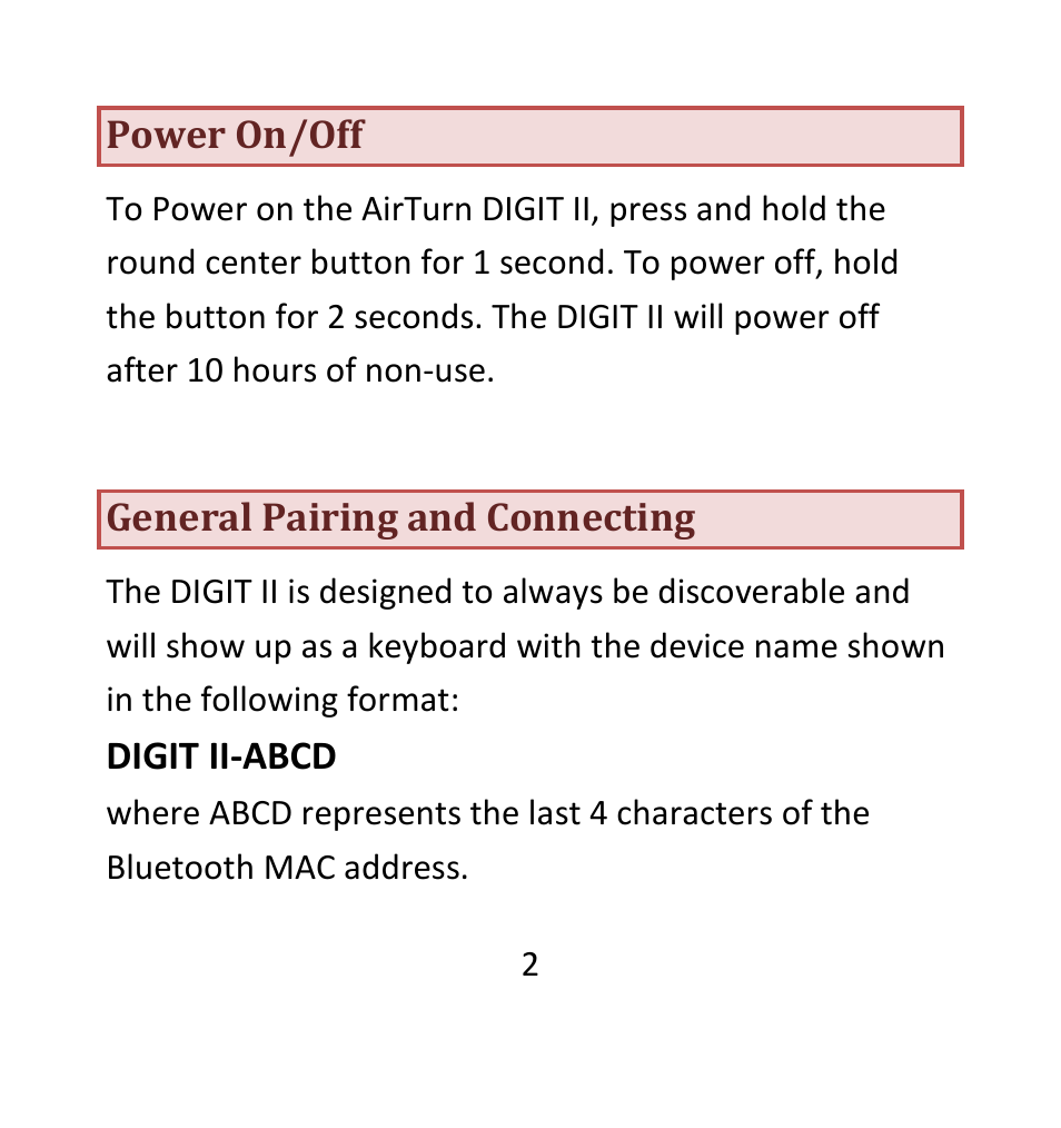 Power on/off, General pairing and connecting | AirTurn DIGIT II User Manual | Page 2 / 16