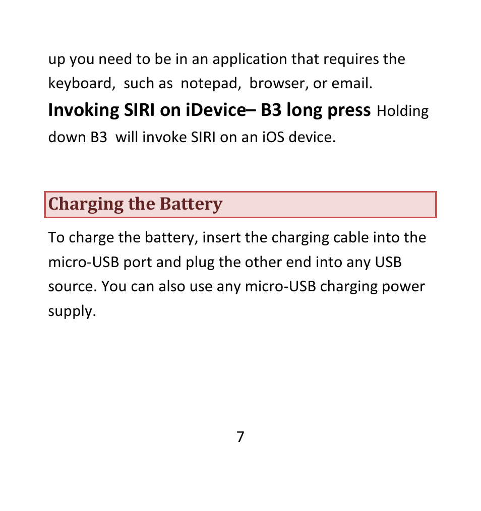 Charging the battery, Invoking siri on idevice– b3 long press | AirTurn DIGIT II User Manual | Page 7 / 16
