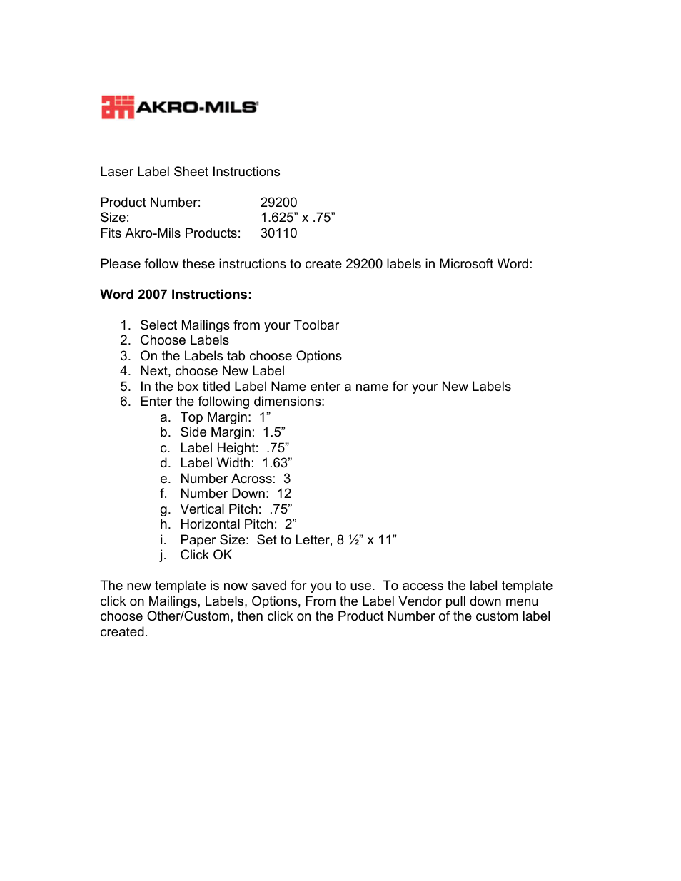 Akro-Mils Laser_Label_29200 User Manual | 1 page