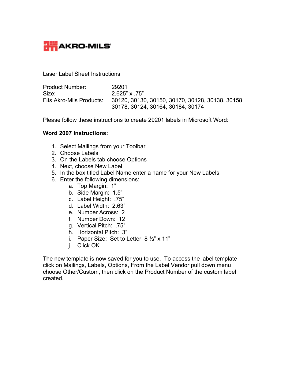 Akro-Mils Laser_Label_29201 User Manual | 1 page