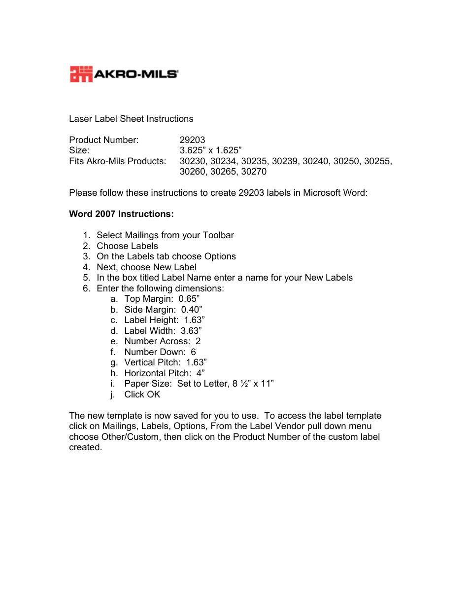 Akro-Mils Laser_Label_29203 User Manual | 1 page