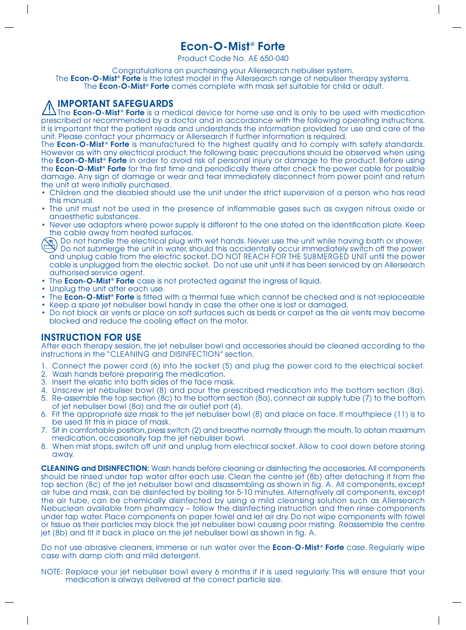 Econ-o-mist, Forte, Important safeguards | Instruction for use | Allersearch Econ-o-mist User Manual | Page 2 / 4