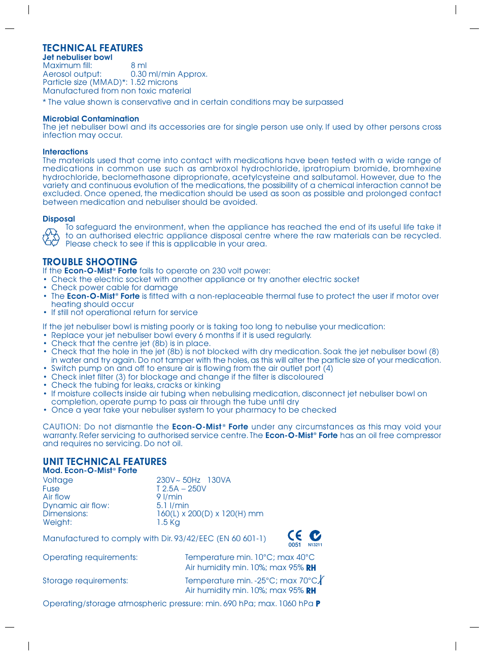 Technical features, Trouble shooting, Unit technical features | Allersearch Econ-o-mist User Manual | Page 3 / 4