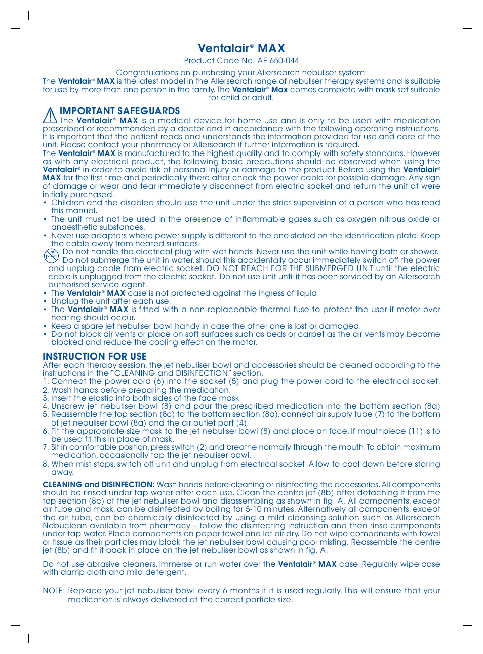 Ventalair, Important safeguards, Instruction for use | Allersearch Ventalair Max User Manual | Page 2 / 4