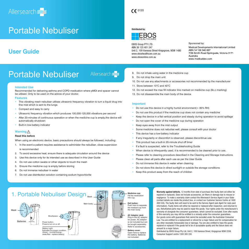 Allersearch Portable Nebuliser User Manual | 2 pages