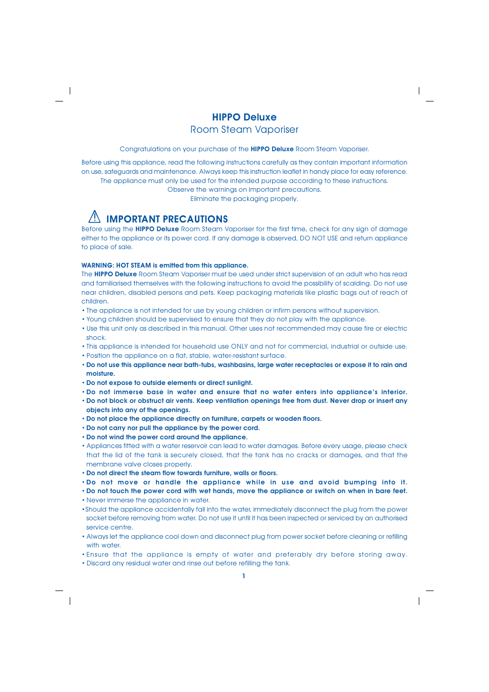Hippo deluxe room steam vaporiser, Important precautions | Allersearch Hippo Deluxe User Manual | Page 2 / 8