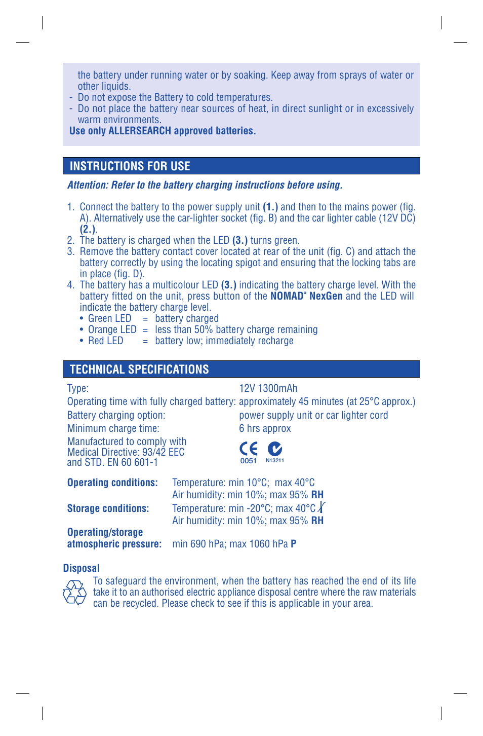 Instructions for use, Technical specifications | Allersearch Nomad Nexgen Battery User Manual | Page 3 / 4