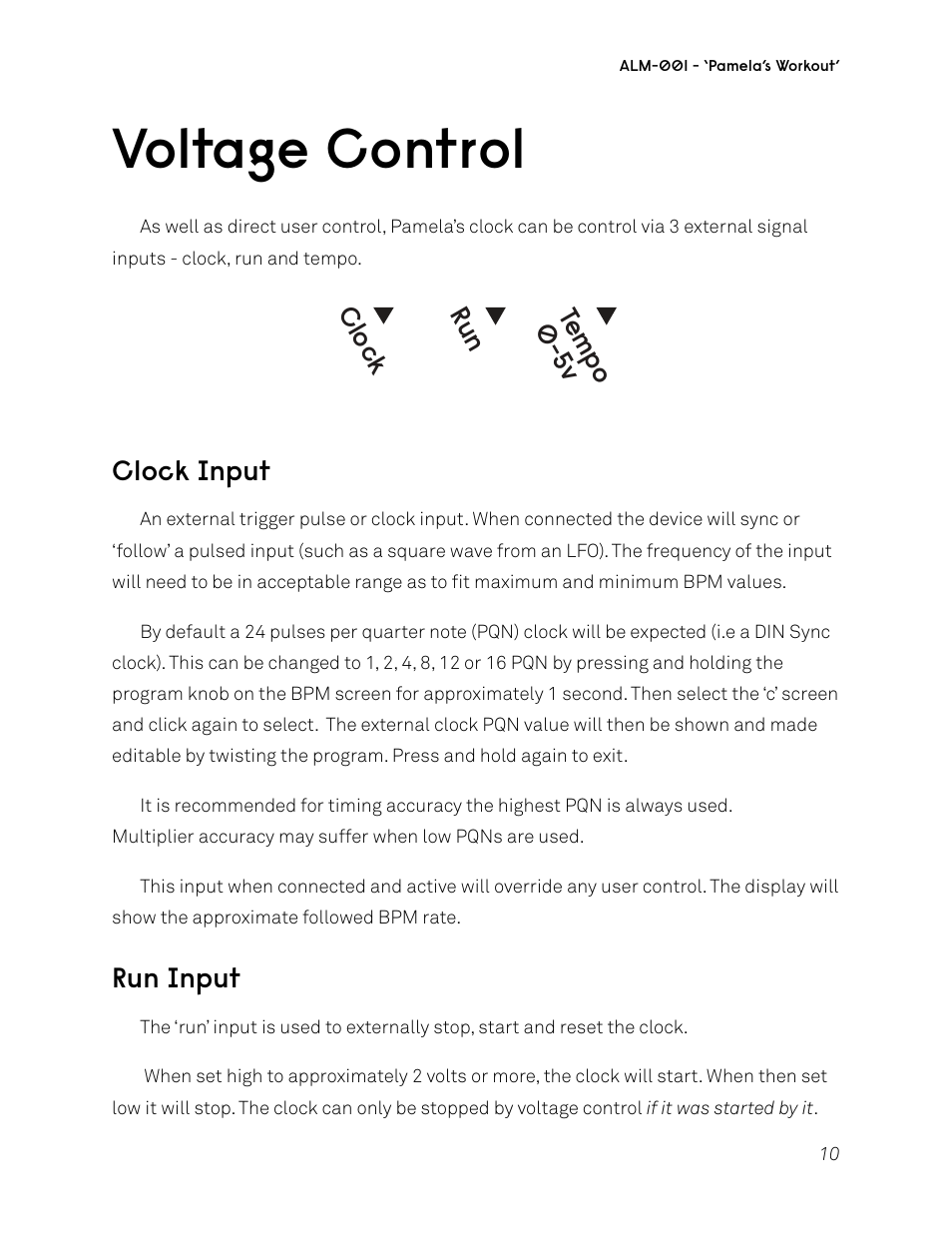 Voltage control, Clock input, Run input | Cl oc k ru n te m po 0-5v | ALM ALM001 User Manual | Page 10 / 19