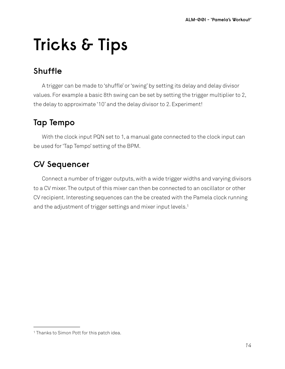 Tricks & tips, Shuffle, Tap tempo | Cv sequencer | ALM ALM001 User Manual | Page 14 / 19