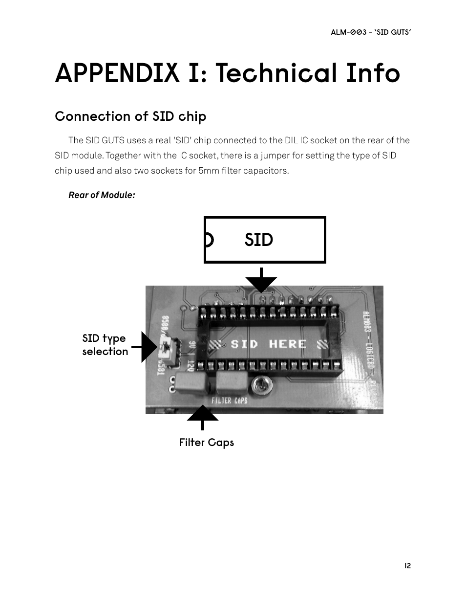 Appendix i: technical info, Connection of sid chip | ALM ALM003 User Manual | Page 12 / 14