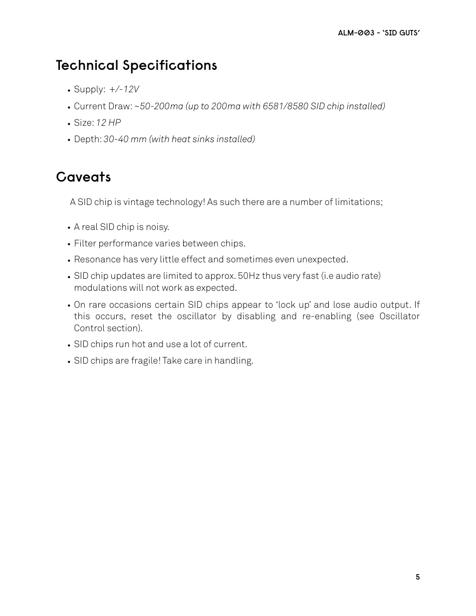 Technical specifications, Caveats | ALM ALM003 User Manual | Page 5 / 14
