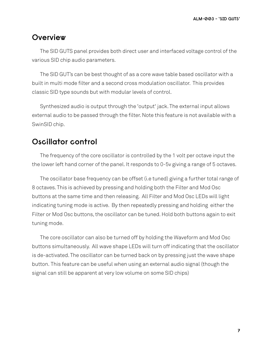 Overview, Oscillator control | ALM ALM003 User Manual | Page 7 / 14