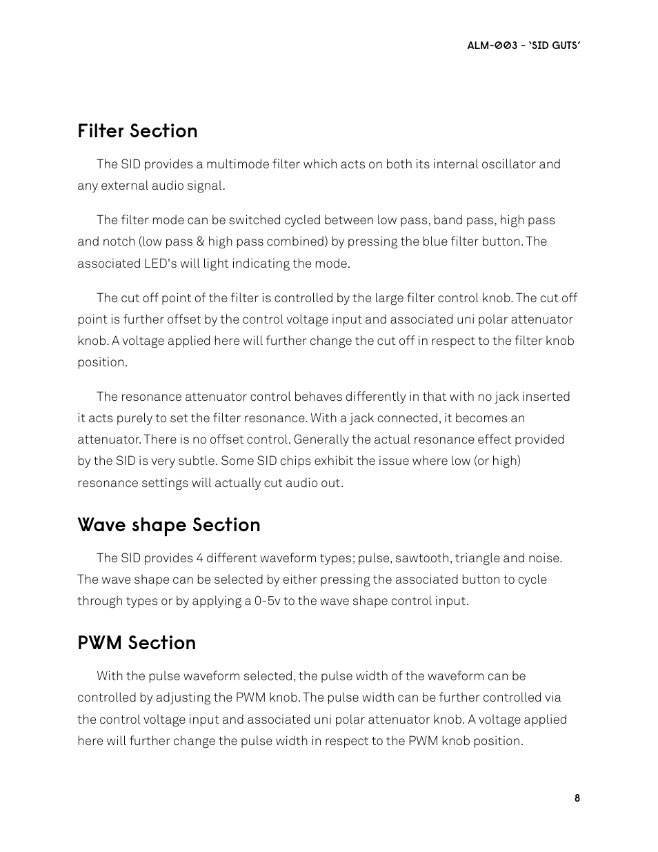 Filter section, Wave shape section, Pwm section | ALM ALM003 User Manual | Page 8 / 14