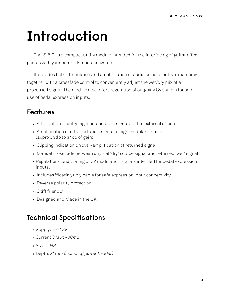 Introduction, Features, Technical specifications | ALM ALM006 User Manual | Page 3 / 10