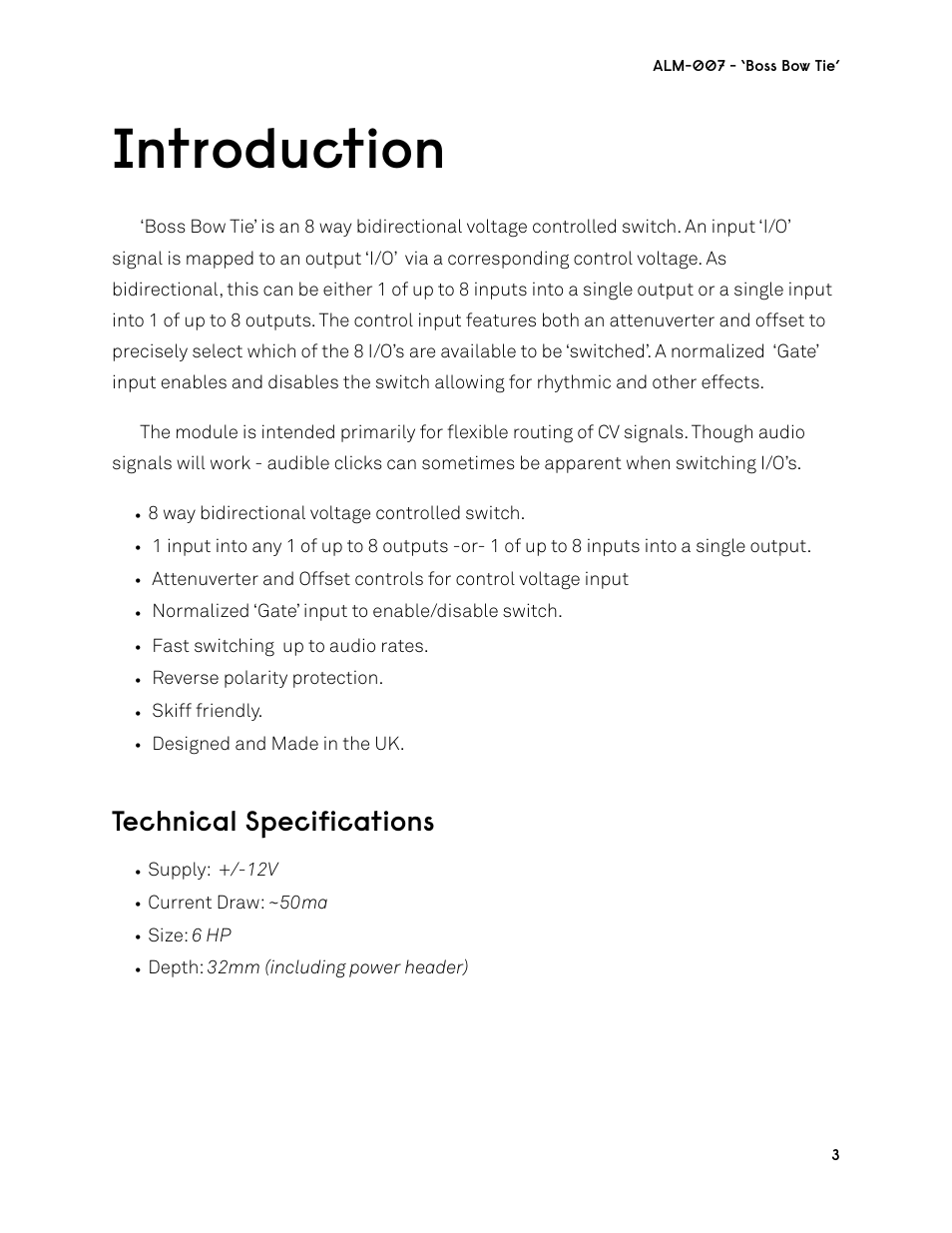 Introduction, Technical specifications | ALM ALM007 User Manual | Page 3 / 8