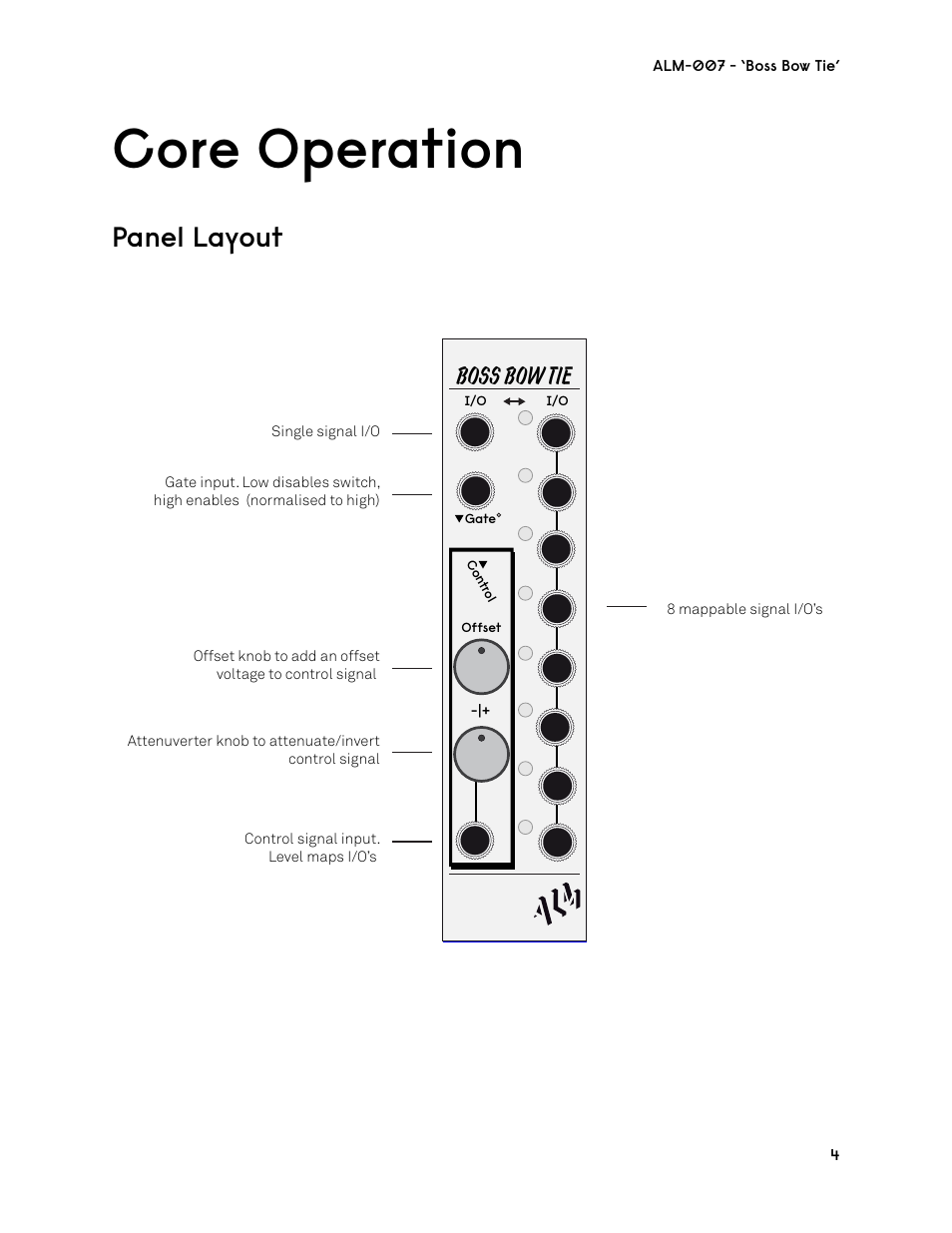 Core operation, Panel layout, Boss bow tie | ALM ALM007 User Manual | Page 4 / 8