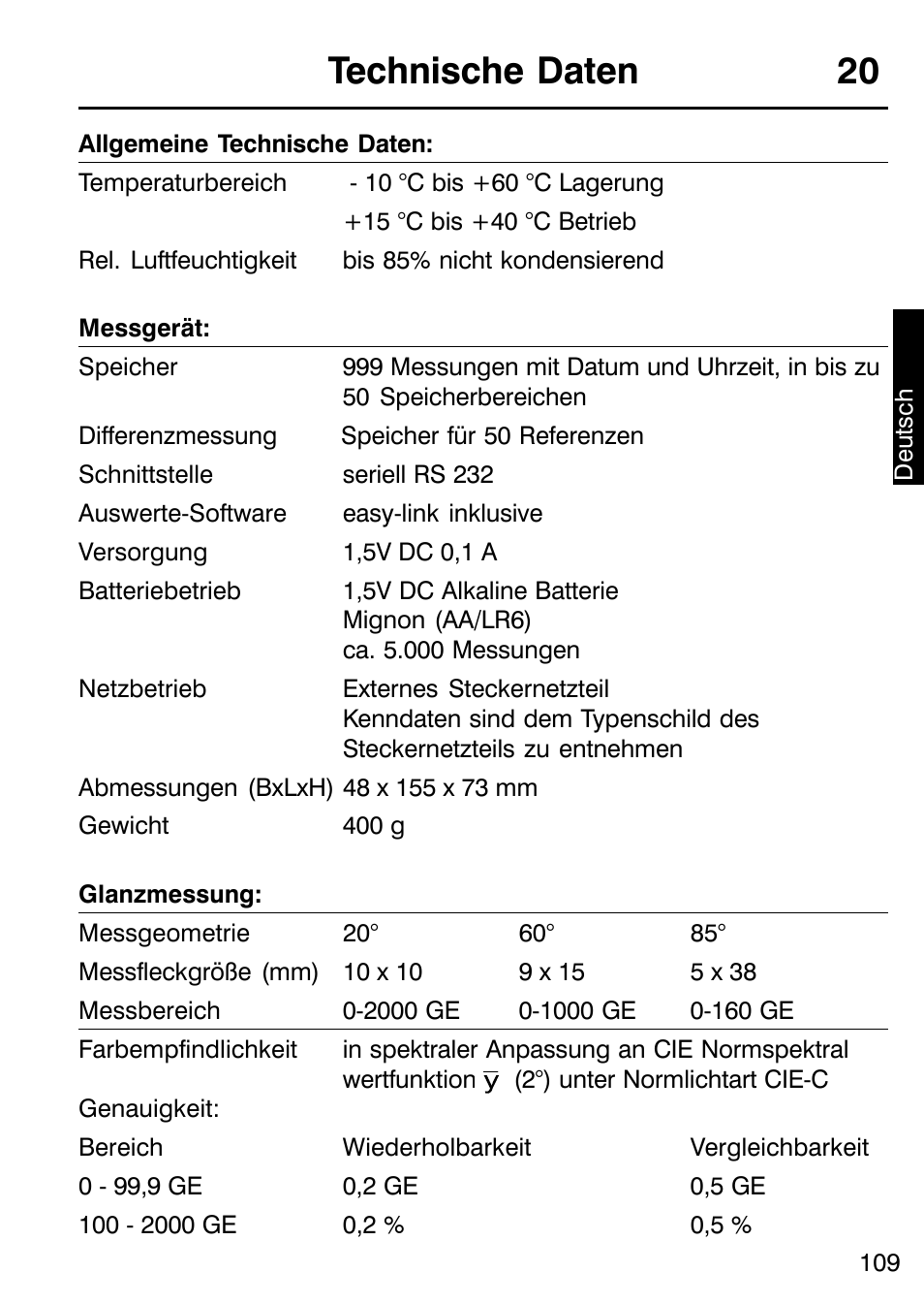 Technische daten 20 | ALTANA Micro-TRI-Gloss μ User Manual | Page 110 / 174