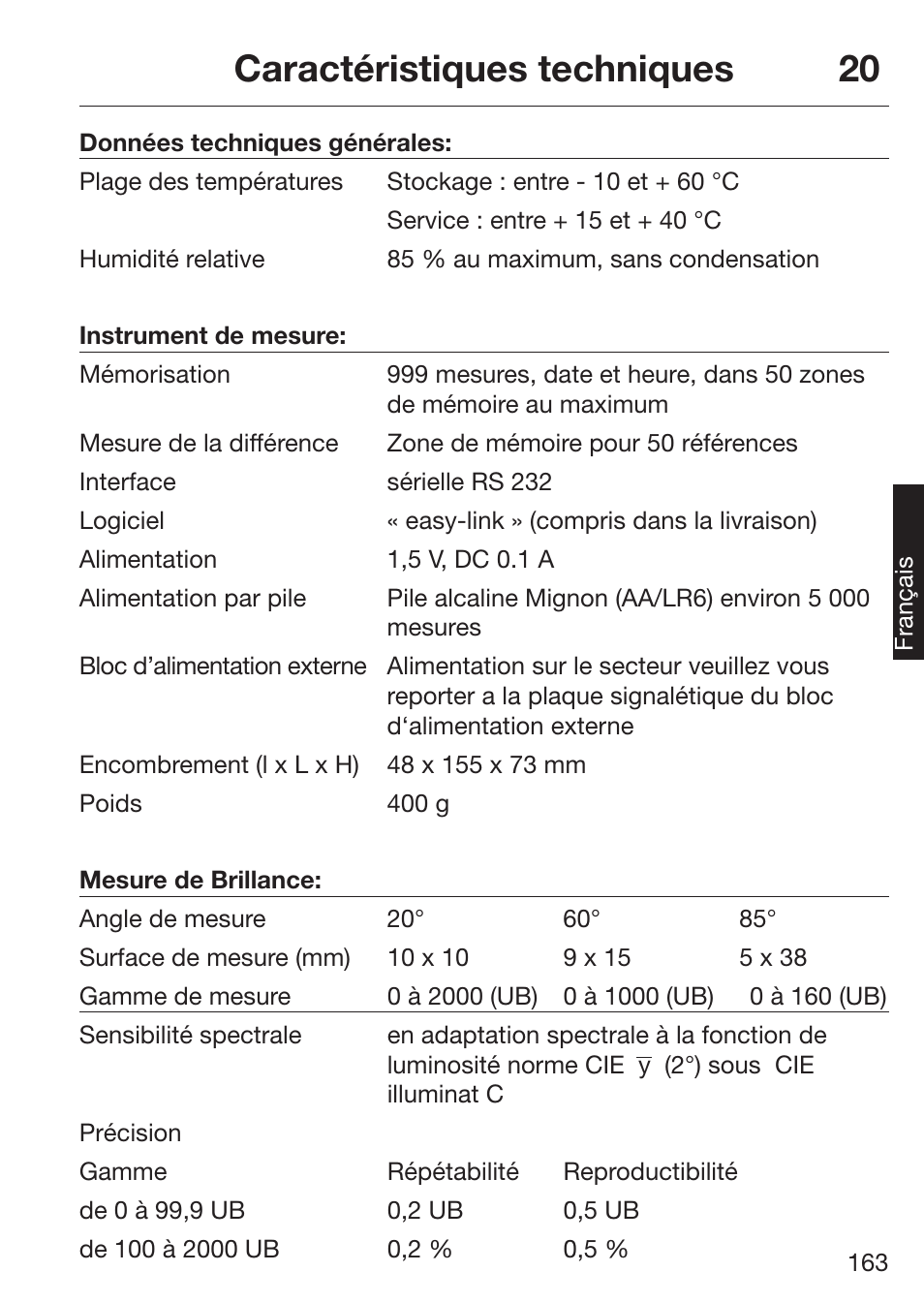Aractïristiques¬techniques | ALTANA Micro-TRI-Gloss μ User Manual | Page 164 / 174