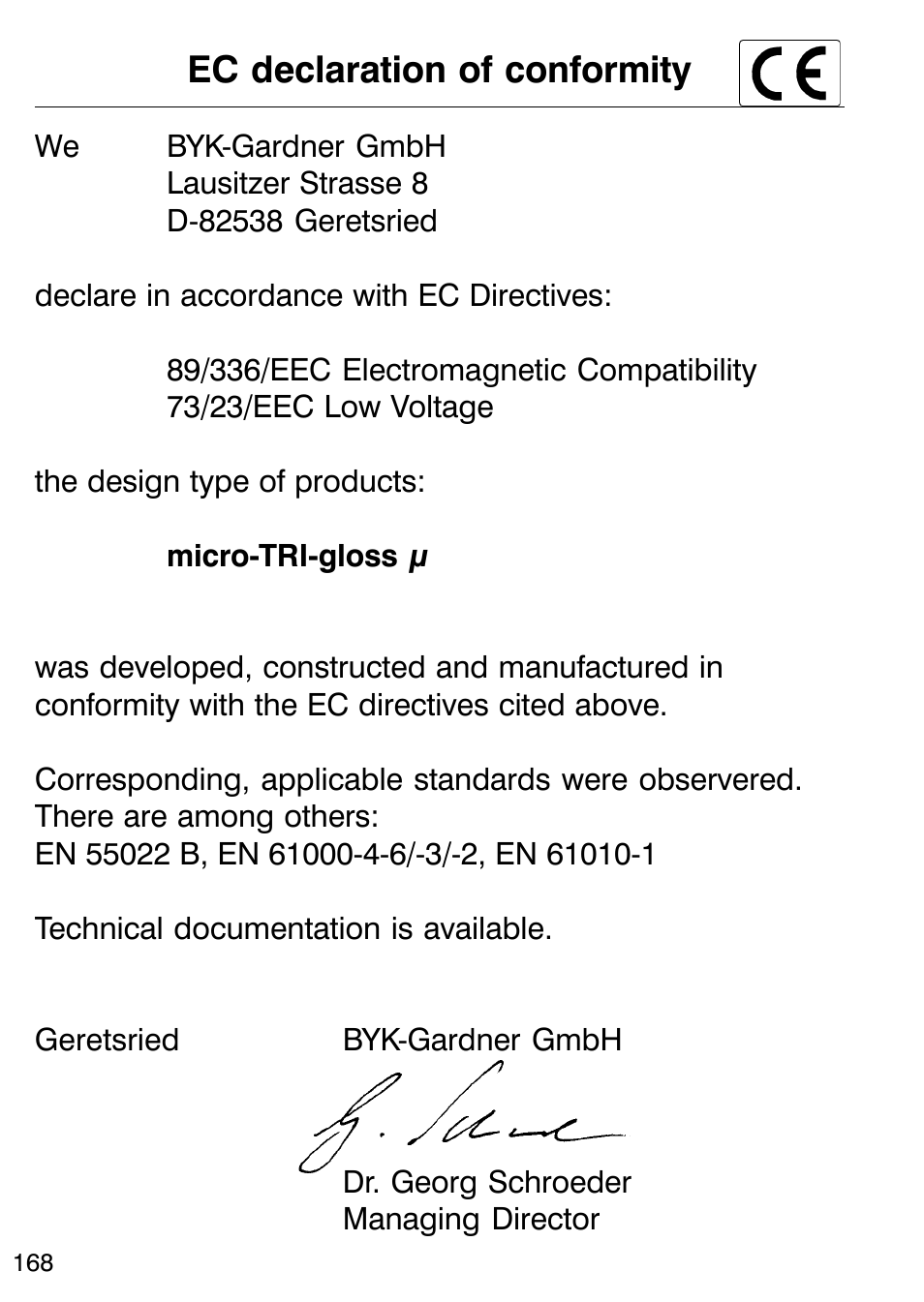 Ec declaration of conformity | ALTANA Micro-TRI-Gloss μ User Manual | Page 169 / 174