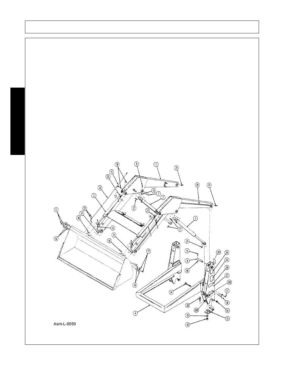 Installing mounting brackets, Installing bucket, Installing bucket level indicator | Assembly, Assembl y | Bush Hog FC-0014 User Manual | Page 36 / 96