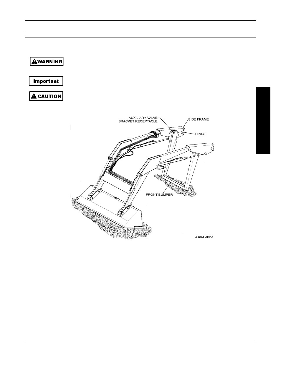 Dismounting and mounting loader, Dismounting loader, Locate tractor and loader on firm level ground | Assembly, Assembl y | Bush Hog FC-0014 User Manual | Page 37 / 96