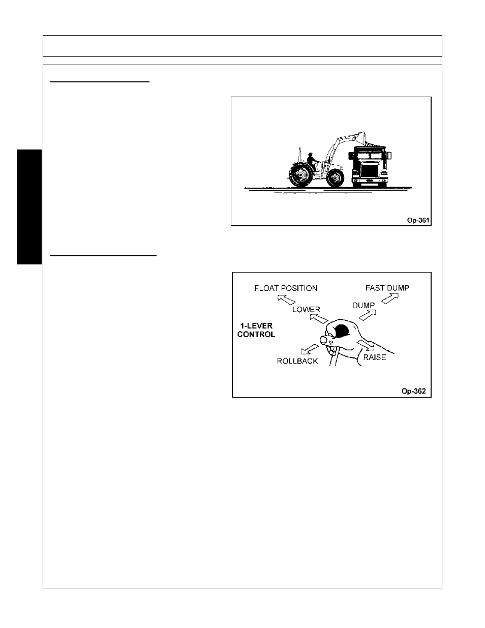 Dumping the bucket, Lowering the bucket, Operation | Opera t ion | Bush Hog FC-0014 User Manual | Page 66 / 96