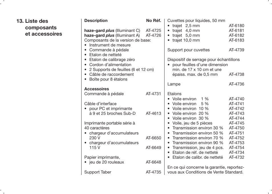 Liste des composants et accessoires | ALTANA Haze-Gard Plus Operating Instructions User Manual | Page 129 / 180